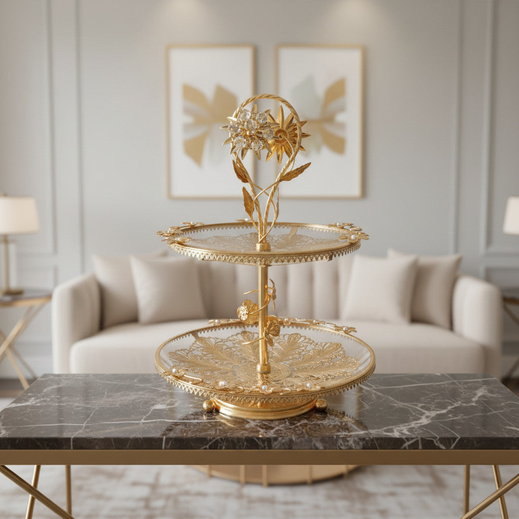 The Golden Sunburst Two-Tier Dessert Stand